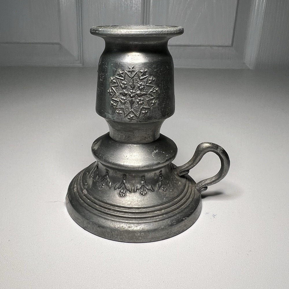Swedish Antique Chamberstick Candle Holder‎ Pewter Loop Embossed Silver Toned